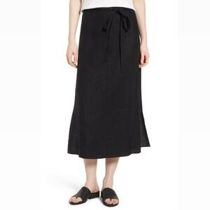 NWT Eileen Fisher Black Linen Midi Wrap Skirt Size L